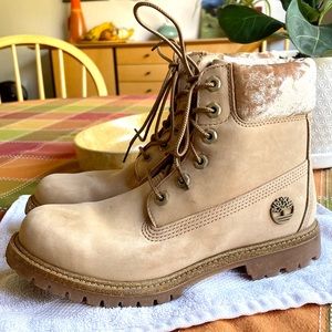 Timberland Boots Beige Pink Velvet Collar Sparkly Sole